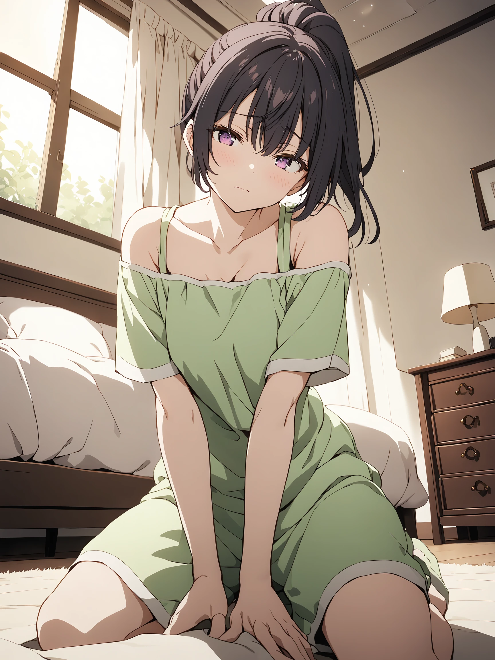 suouyuki_imoto, purple eyes, black hair, long hair, ponytail,
looking at viewer, short sleeves, bare shoulders, green pajamas,
kneeling, shy face, low angle, detailed eyes,
bedroom, cozy room,
professional photo, high key light, hard shadow, soft bokeh,
best quality, masterpiece,
<lora:hinaAlyaMashaYuki_sdxl_wifu_v1:1>