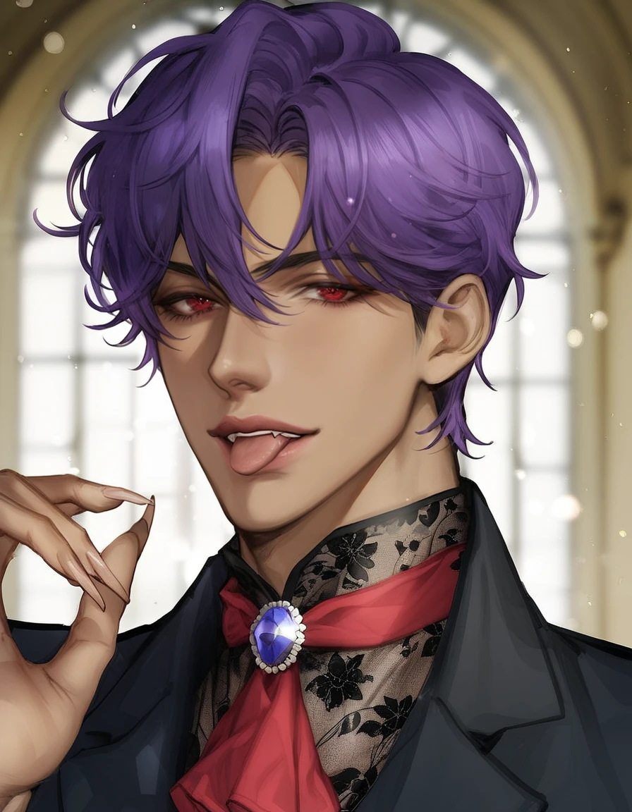 score_9, score_8_up, score_7_up, BREAK 1boy, male focus, solo, very short hair, purple hair, hair between eyes, red eyes, tan, black pants, black shirt, red ascot, floral pattern shirt, formal, jewelry, gem, brooch, hand up, sharp fingernails, tongue out, BREAK dark, indoors, dark, close-up, depth of field, blurry background, looking at viewer, illustration, light particles, <lora:manhwa_illustration:0.95>