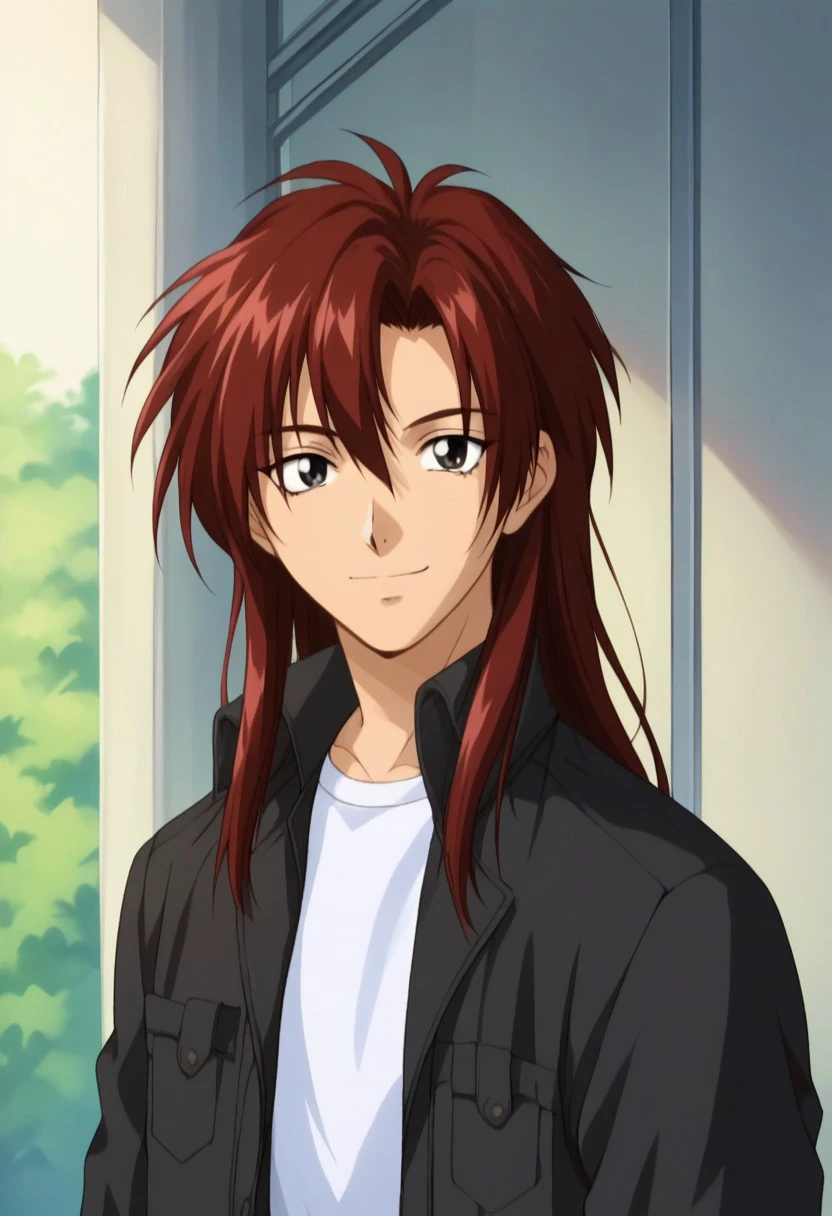 score_9, score_8_up, score_7_up, source_anime, highly detailed, 
HiroshiNakano, 1boy, solo, male focus, black eyes, long hair, shirt, red hair, closed mouth,
white shirt, jacket, black jacket, open jacket, upper body, belt, smile