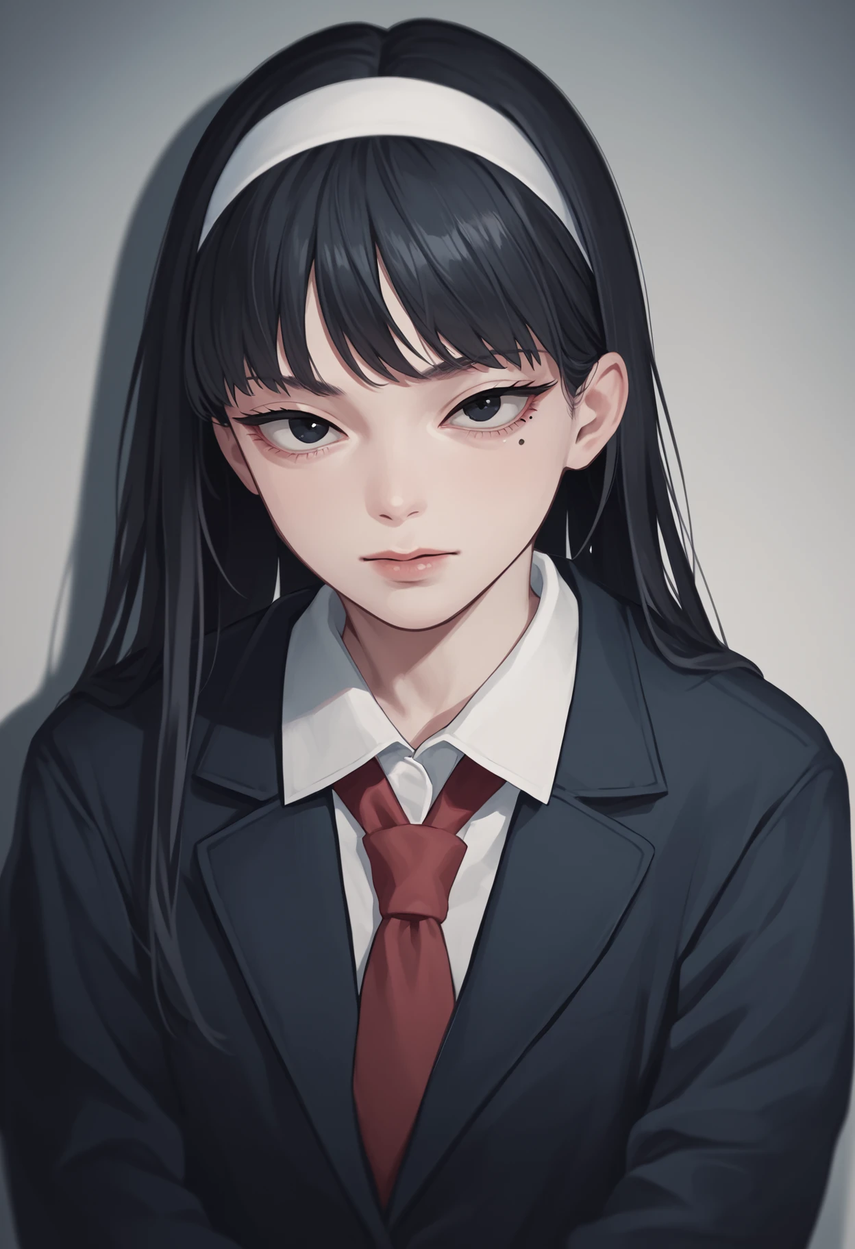 score_9, score_8_up, score_7_up, source_anime BREAK 1girl, solo, <lora:kawakamitomie-junjiito-richy-v1_pdxl:1> kwkm, black eyes, black hair, long hair, white hairband, mole under eye, school uniform, red necktie, black jacket