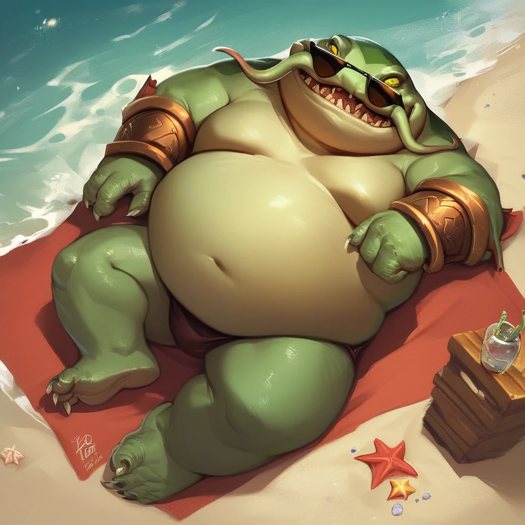 score_9, score_8_up, score_7_up, score_6_up, score_5_up, score_4_up, tahmkench, tophat, demon, catfish, green skin, yellow eyes, fat, obese, bottomless, bracers, flesh whiskers, outside, beach background, beach scenery, water, relaxing, laying down, looking at viewer, sunglasses, barefoot,