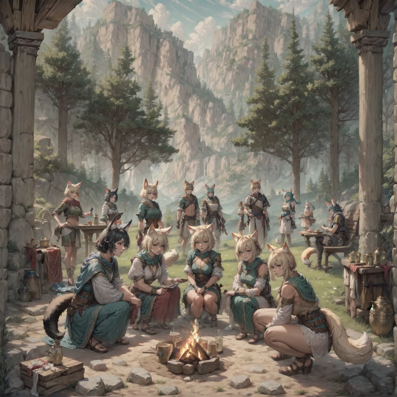 tail, animal ears, multiple girls, multiple boys, campsite, campfire, tents, <lora:Beastfolk_SD_1.5_r1:0.8>, <lora:Adventurer's Party:0.4>, adventureparty, very detailed, <lora:more_details:0.6>, high quality, highres, masterpiece, best quality, 8k, intricate, detailed, <lora:add_details_xl:0.6>, <lora:sinfully_stylish_SDKL:0.5>, <lora:nudify_xl_lite:0.5>, <lora:epiCRealismHelper:0.5>, <lora:NsfwPovAllInOneLoraSdxl:0.5>, <lora:JuggerCineXL2:0.5>