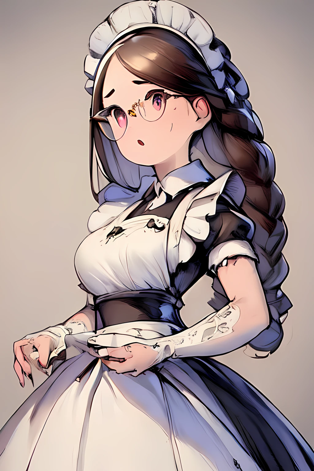 (masterpiece, best quality:1.4), (extremely detailed fine touch:1.2), best quality, expressive eyes, perfect face, perfect hands, perfect fingers (masterpiece), 1girl, maid, apron, maid headdress, brown hair, twin braids, glasses, <lora:styles\Akihiko_Yoshida_Chibi_Style_v2.1.safetensors>