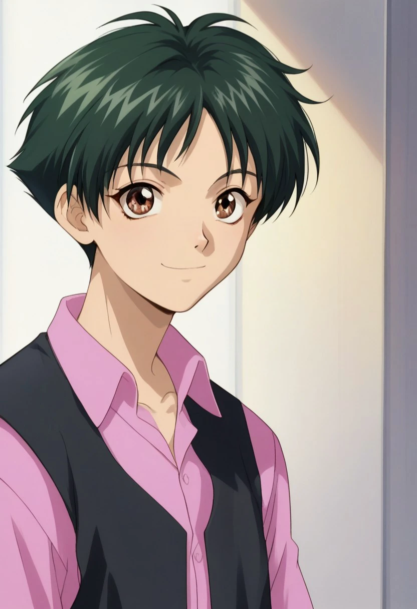 score_9, score_8_up, score_7_up, source_anime, highly detailed, 
sugurufujisaki, solo, brown eyes, short hair, 1boy, green hair, shirt,
pink shirt, collared shirt, vest, upper body, smile, indoor, recording studio