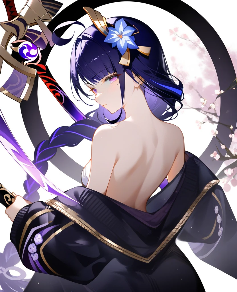 anime,1girl, weapon, sword, raiden shogun, solo, holding weapon, mole under eye, long hair, braid, holding sword, purple eyes, purple hair, holding, hair ornament, mole, looking at viewer, ahoge, looking back, bare shoulders, off shoulder, katana, from behind, back, flower, jacket, white background, black,jacket, tomoe \(symbol\), closed mouth, mitsudomoe \(shape\), braided ponytail, single braid, hair flower, upper body, very long hair, long sleeves, simple background, bare back, purple flower, japanese clothes, alternate costume, musou isshin \(genshin impact\), tassel, kimono, masterpiece, best quality