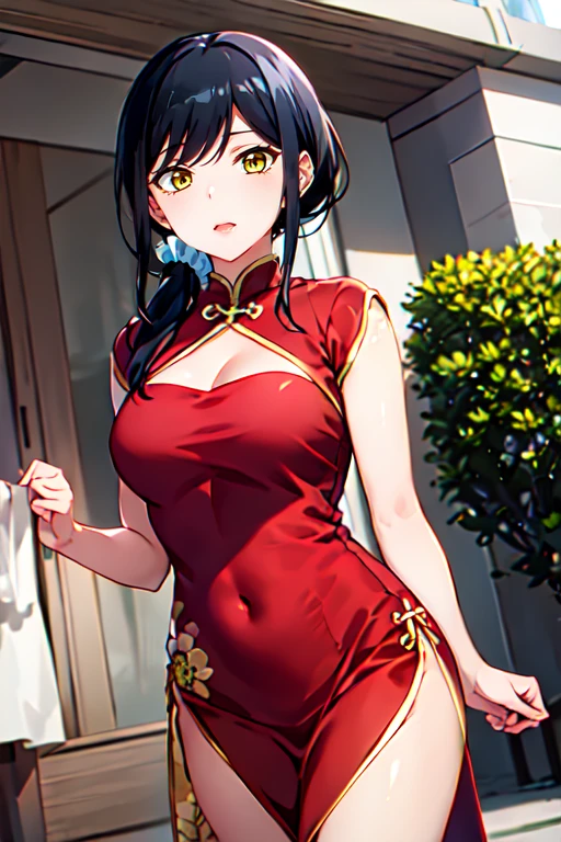 High resolution, adult woman , good lighting, despicable, , (No nudity), (((shiny cheongsam))),(garter belt),cute face, I&#39;m embarrassed and blush, humiliating, (()),