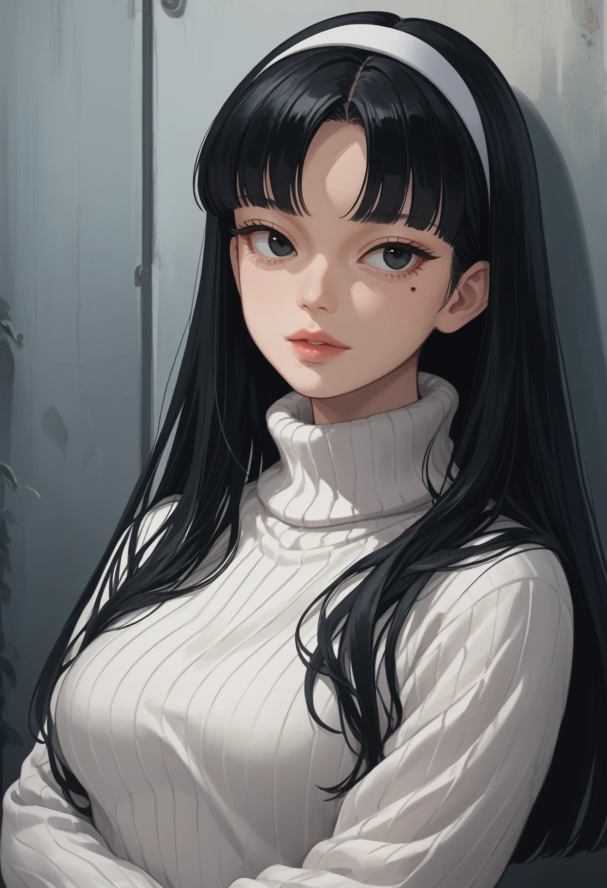 score_9, score_8_up, score_7_up, source_anime BREAK 1girl, solo,<lora:kawakamitomie-junjiito-richy-v1_pdxl:1>kwkm, black eyes, black hair, long hair, blunt bangs, parted bangs, white hairband, mole under eye, turtleneck sweater, white sweater, ribbed sweater, breasts, pale, lips