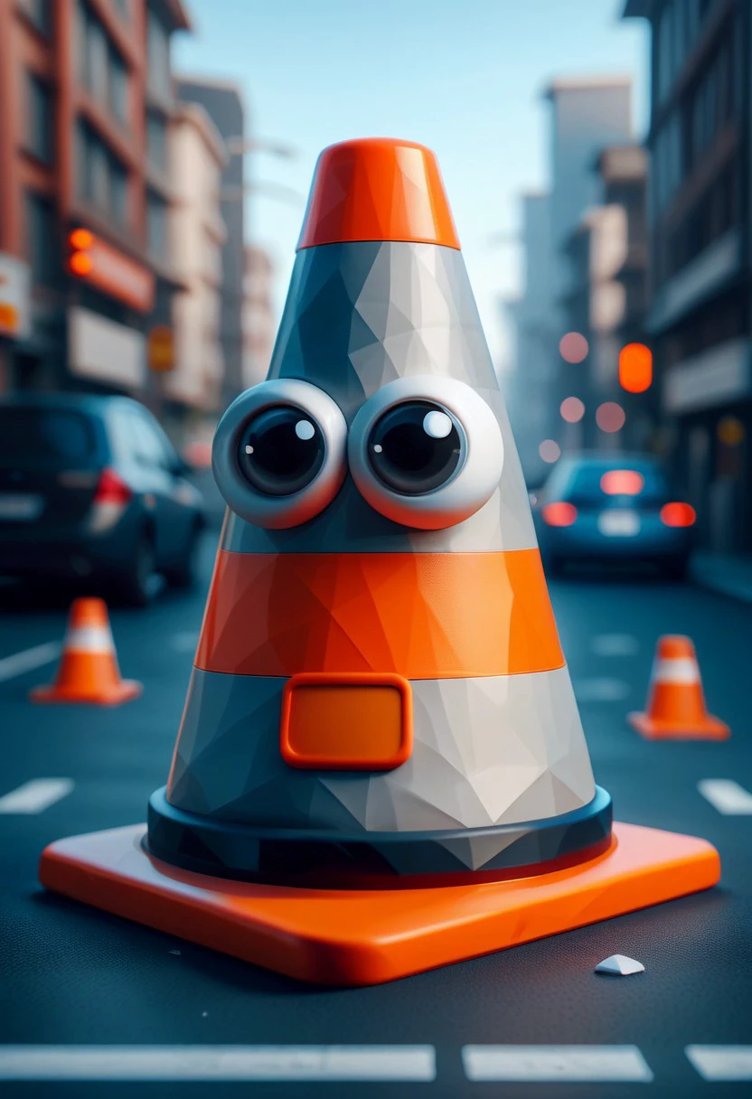 score_9, score_8_up, score_7_up, score_6_up, score_5_up, score_4_up, (r4r3style, low poly, googly eyes, big eyes:1.3), traffic cone, city street background, blurred background,