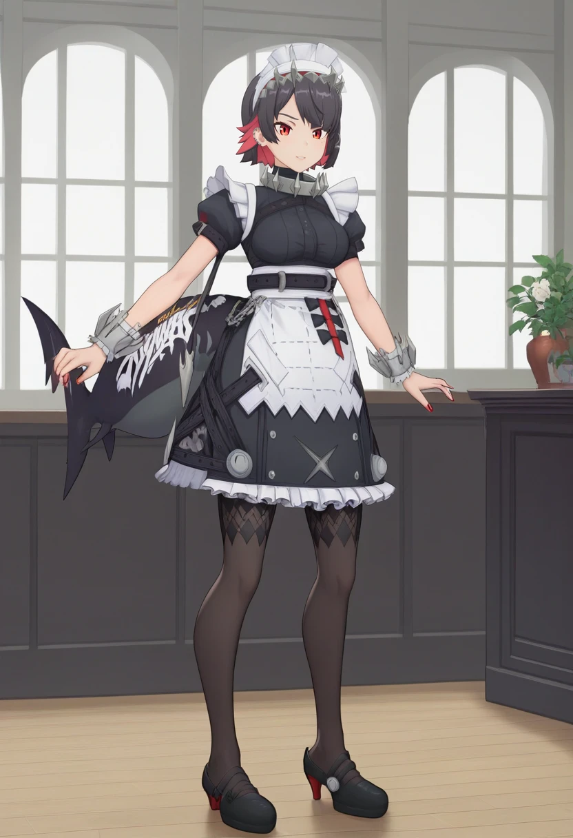 score_9_up, score_8_up, score_7_up, 1girl, solo, full body, standing, maid, black dress, argyle thighband pantyhose, wrist cuffs, headdress, metal tassels, high heels, metal collar, maid apron, tail, tail print, short hair, red eyes, red nails, moles under eye, ellen joe, indoors <lora:ellen joe xl 030:1>