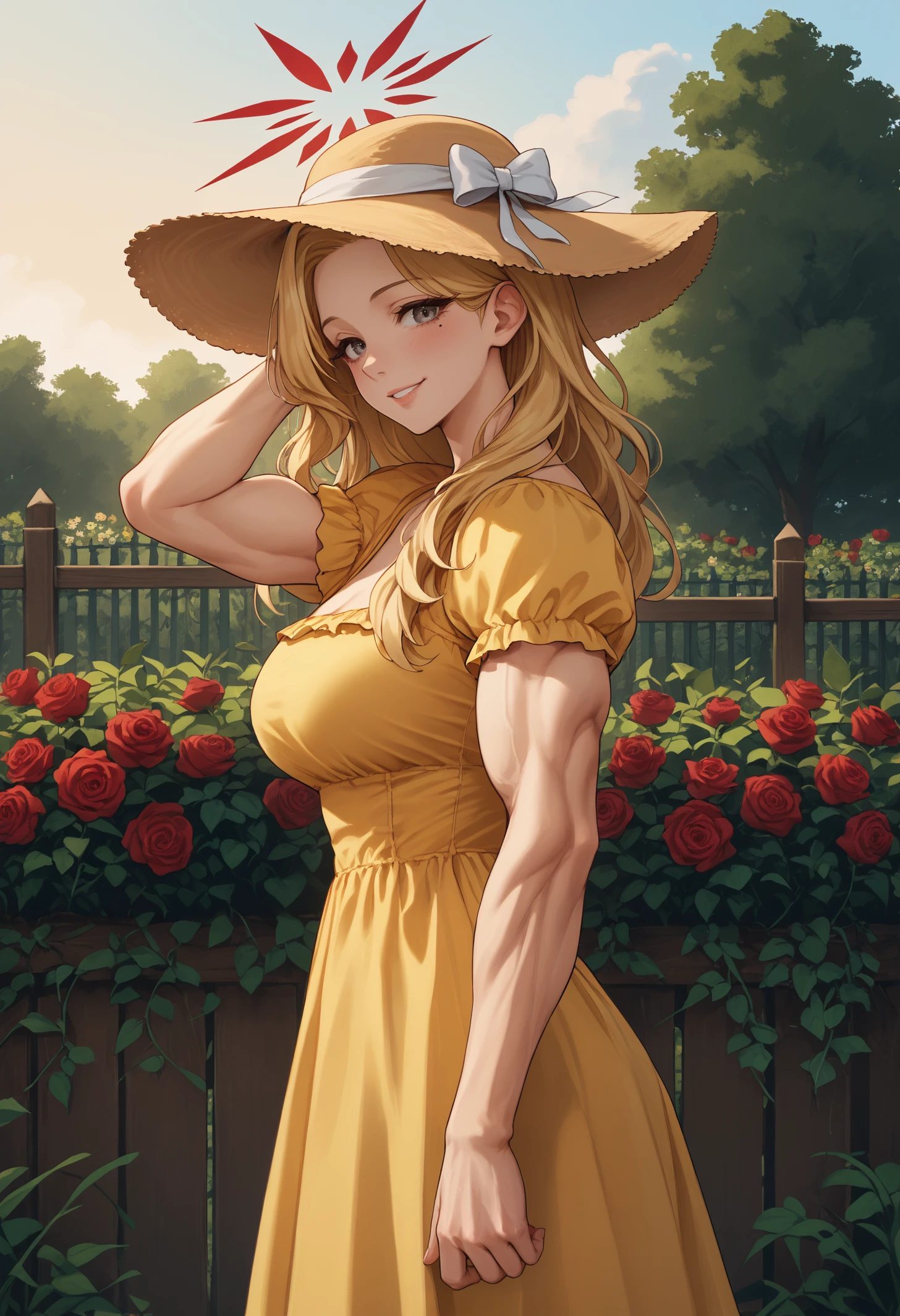 score_9, score_8_up, score_7_up, 1girl, akekur, grey eyes, blonde hair, long hair, mole under eye, red halo, large breasts, muscular female,
sunhat, yellow sundress, hat flower, short sleeves,
looking at viewer, smile, blush, parted lips, hand on headwear,
outdoors, garden, fence, roses, sunset, side view,
<lora:Kurihama-Akemi-PDXL_V1-Manityro-CAME:1.0>,