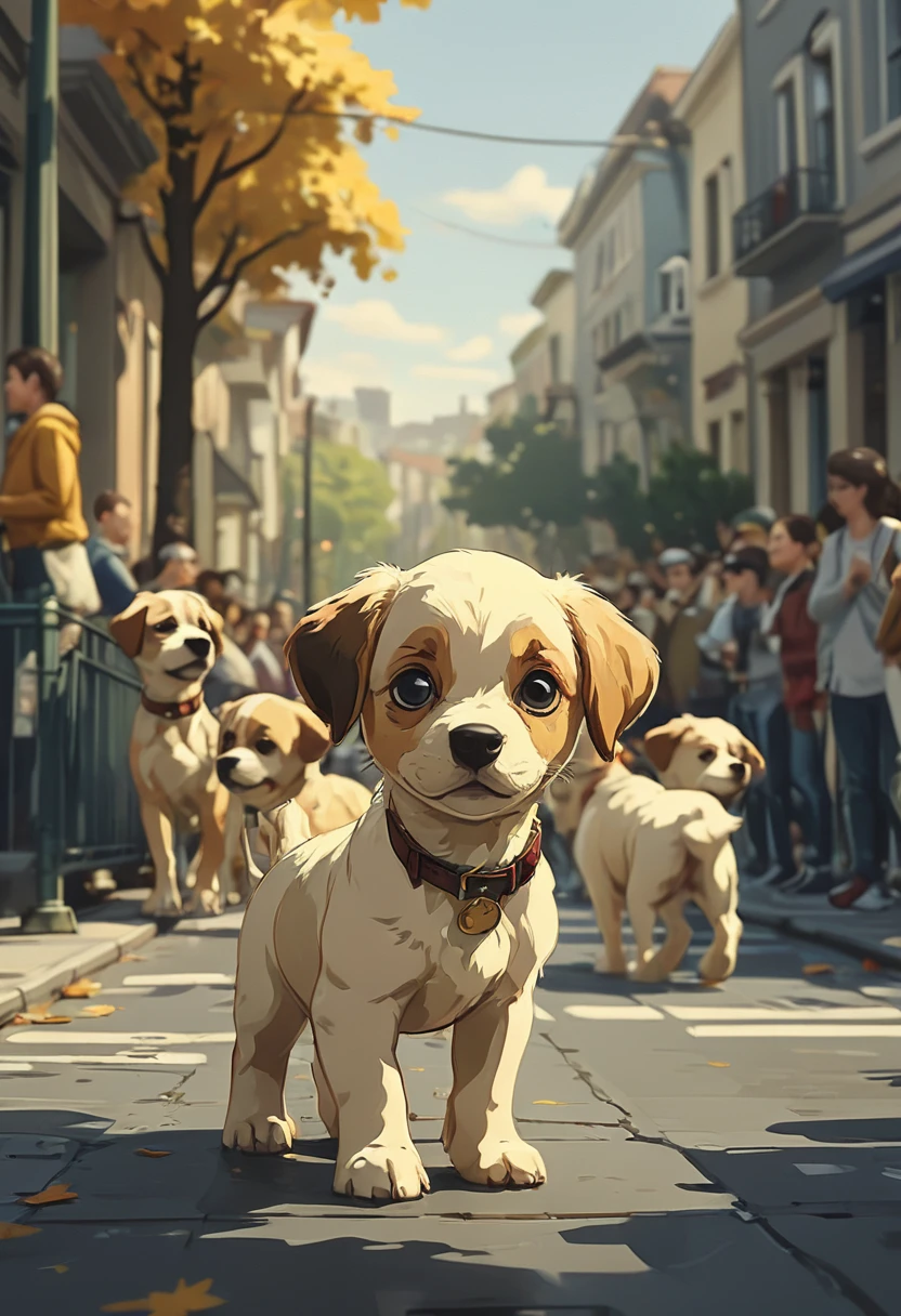 cute puppy crossing the crowded street, closeup, detailed, highres, masterpiece <lora:Modern_Cartoon_Style:0.7>