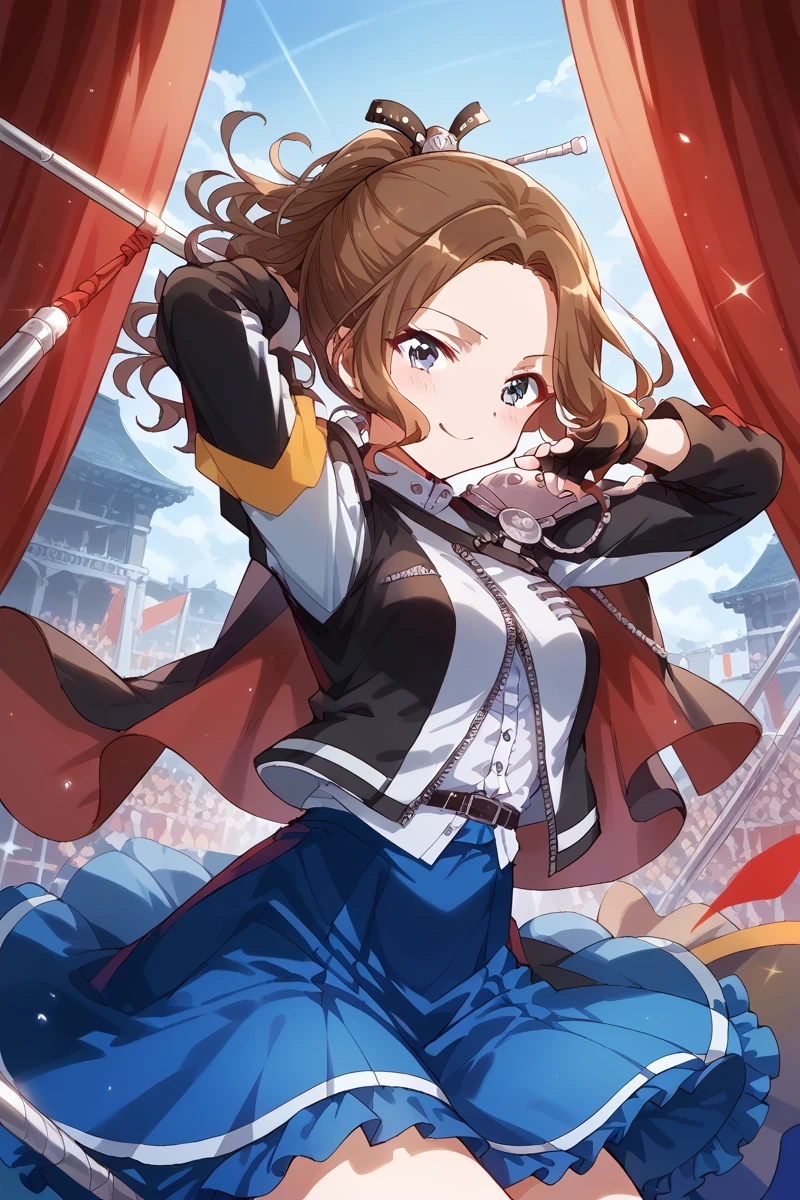 score_9, score_8_up, score_7_up, score_6_up, 1girl,
 <lora:Hisame_Honami:0.9> hisame, skirt, brown hair, blue skirt, solo, blue eyes, fingerless gloves, stage outfit, color lights, red curtain, stage,