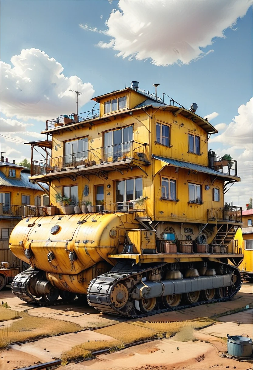 ground vehicle, motor vehicle, sky, no humans, cloud, outdoors, vehicle focus, train, truck, scenery, day, military, Tracked Vehicle, Traction City, yellow paint, house
<lora:Apparatus - Traction City Walkers Vehicles_epoch_11:0.8>