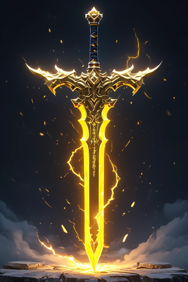 a magestic yellow glowing thunder sword, blade made of lightning, lightning storm in background, thunder. SwordDisplay, HD, masterpiece, best quality, hyper detailed, ultra detailed, super realistic