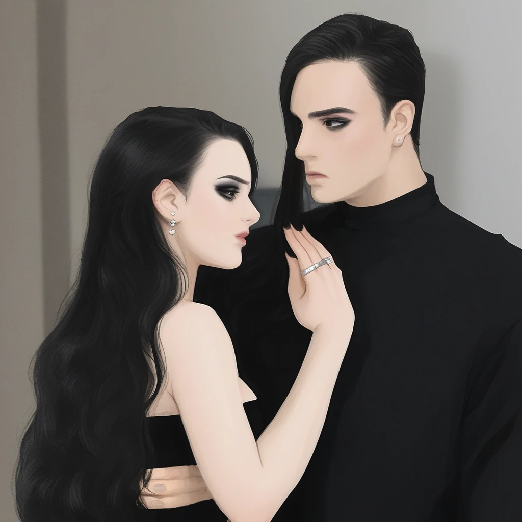 long hair, black shirt, earrings, breasts, ring, black hair, strapless, makeup, 1boy, black eyes