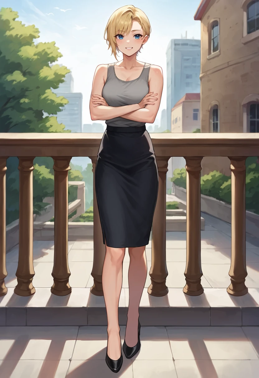 score_9,score_8_up,score_7_up,score_6_up,source_anime BREAK 1girl,(solo:1.2), <lora:BrigetteCabotpony:0.9>,brigettecabot,standing,crossed arms,happy,balcony,full body,high heels,black skirt,grey tank top,blonde hair,asymmetrical bangs,short hair,blue eyes,mole,straight on