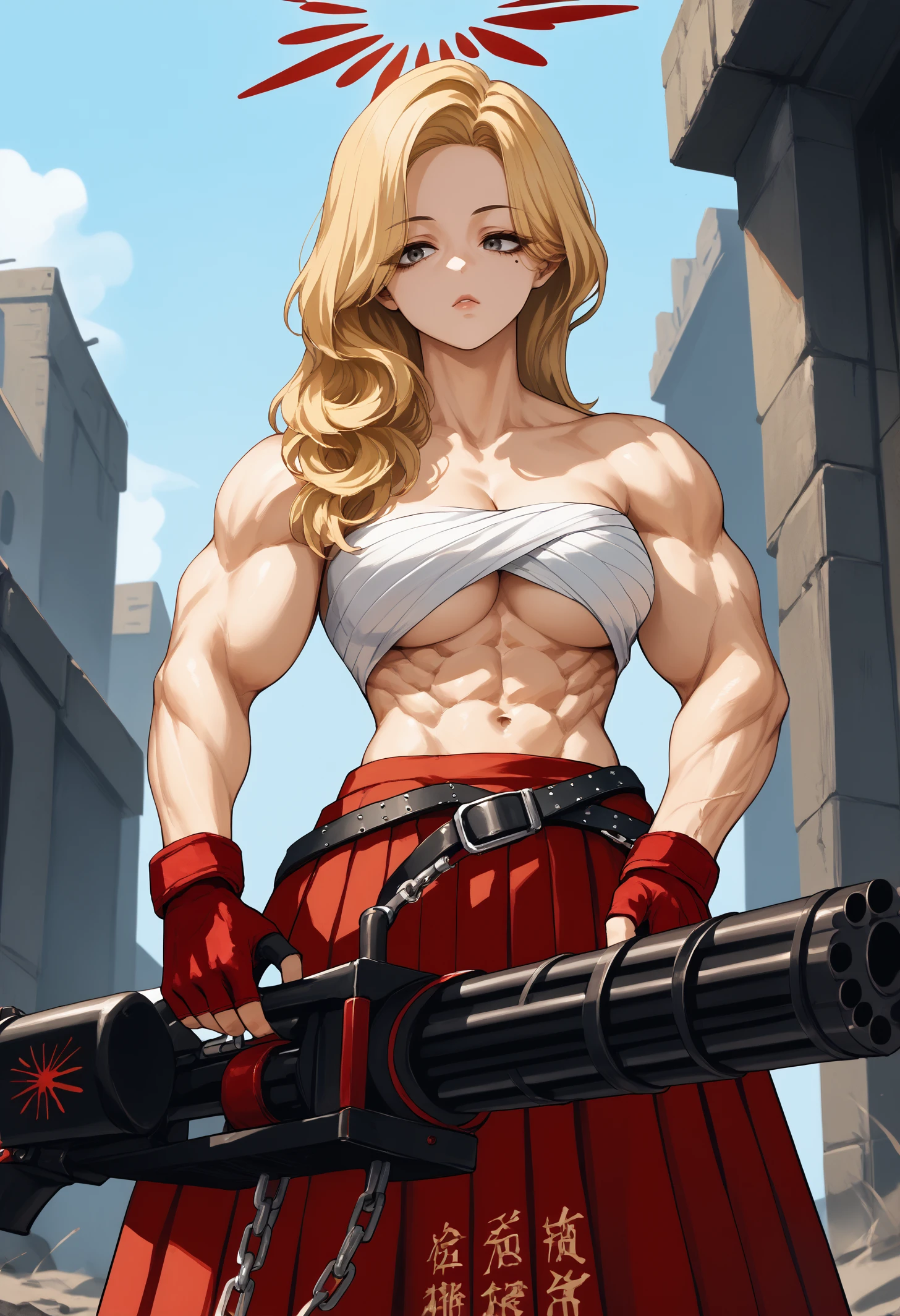 score_9, score_8_up, score_7_up, 1girl, akekur, grey eyes, blonde hair, long hair, mole under eye, red halo, large breasts, muscular female, abs, navel,
chest sarashi, red gloves, fingerless gloves, midriff, red hakama skirt, black belt, chain, delinquent, clothes writing, 
two-handed, holding weapon, machine gun, 
outdoors,
<lora:Kurihama-Akemi-PDXL_V1-Manityro-CAME:1.0>, <lora:GatlingGun_pdxl_Incrs_v1:1.2>, gatling gun, holding gatling gun, [:smoke, firing:0.25]