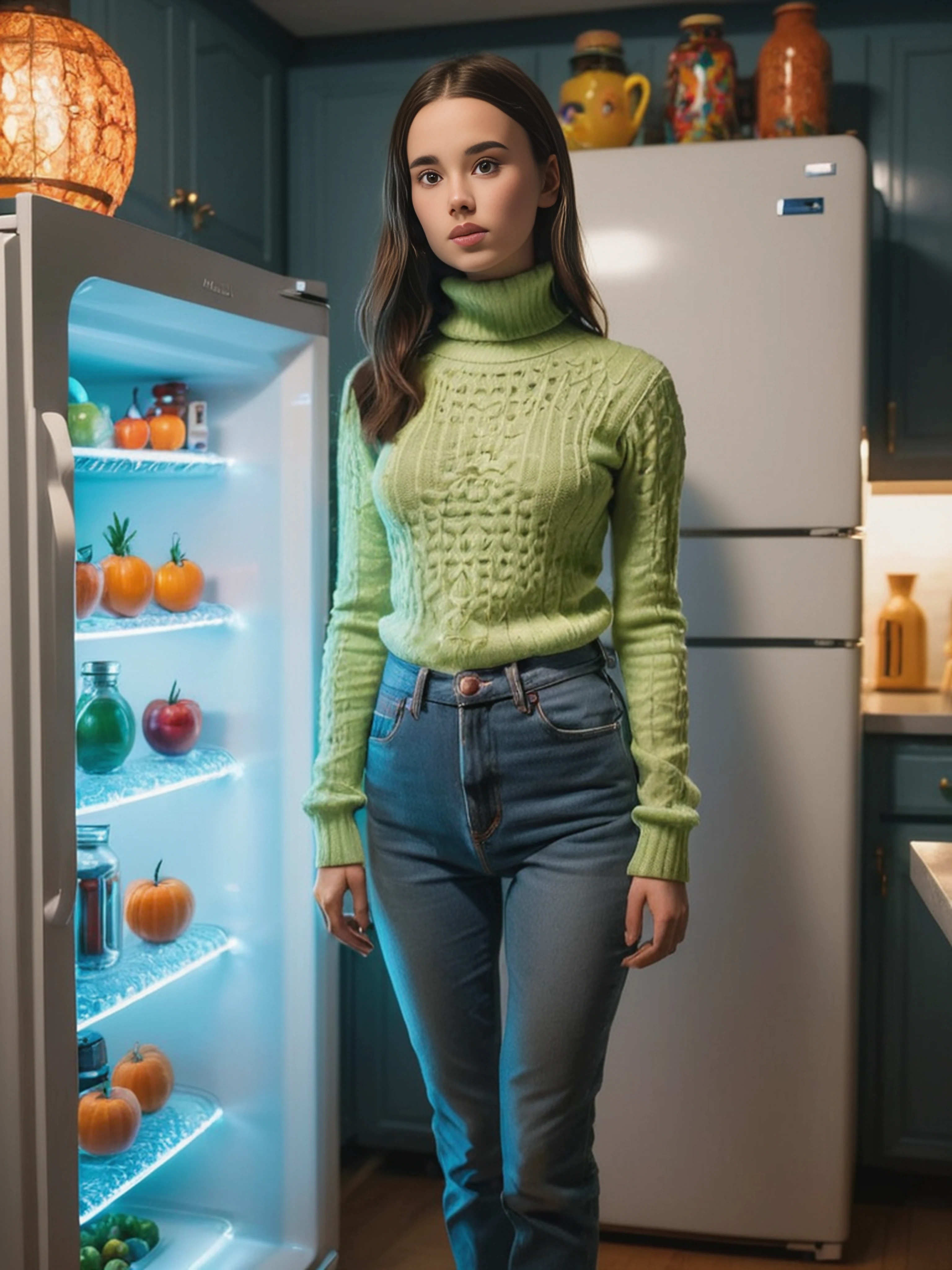 a professional absurdres intricately detailed sharp focus candid photograph of (Aria_Bedmar:1.1),
wearing a long-sleeved turtleneck sweater and jeans standing beside a glowing refrigerator that is an interdimensional portal opens and something's peeking,
 <lora:Aria_Bedmar-SDXL:0.8>