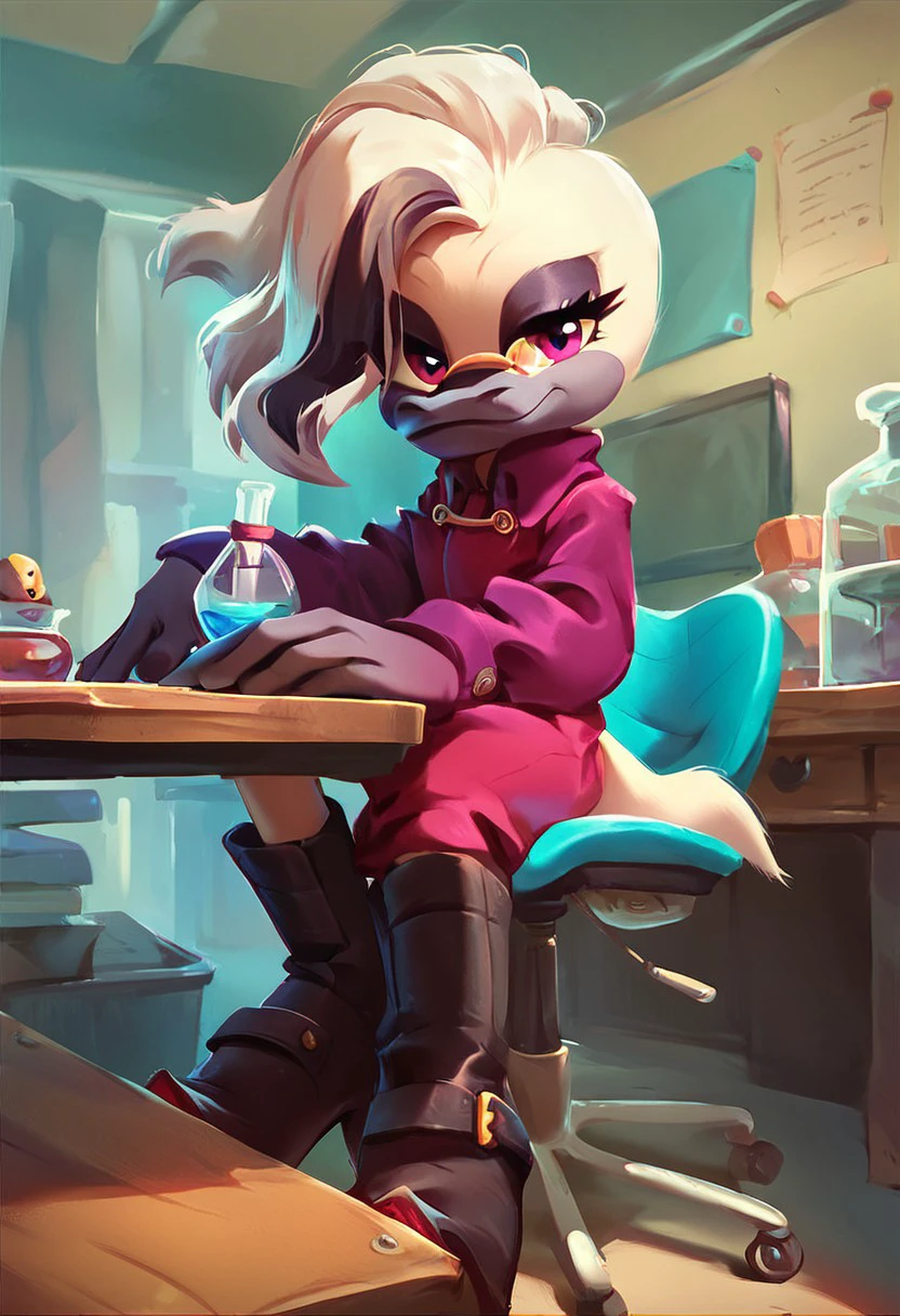 score_9, score_8_up, score_7_up, score_6_up, Doctor Starline, pince-nez, tow-tone hair, boots, purple eyes, long sleeve, lab, desk, desk chair, test tubes, flask