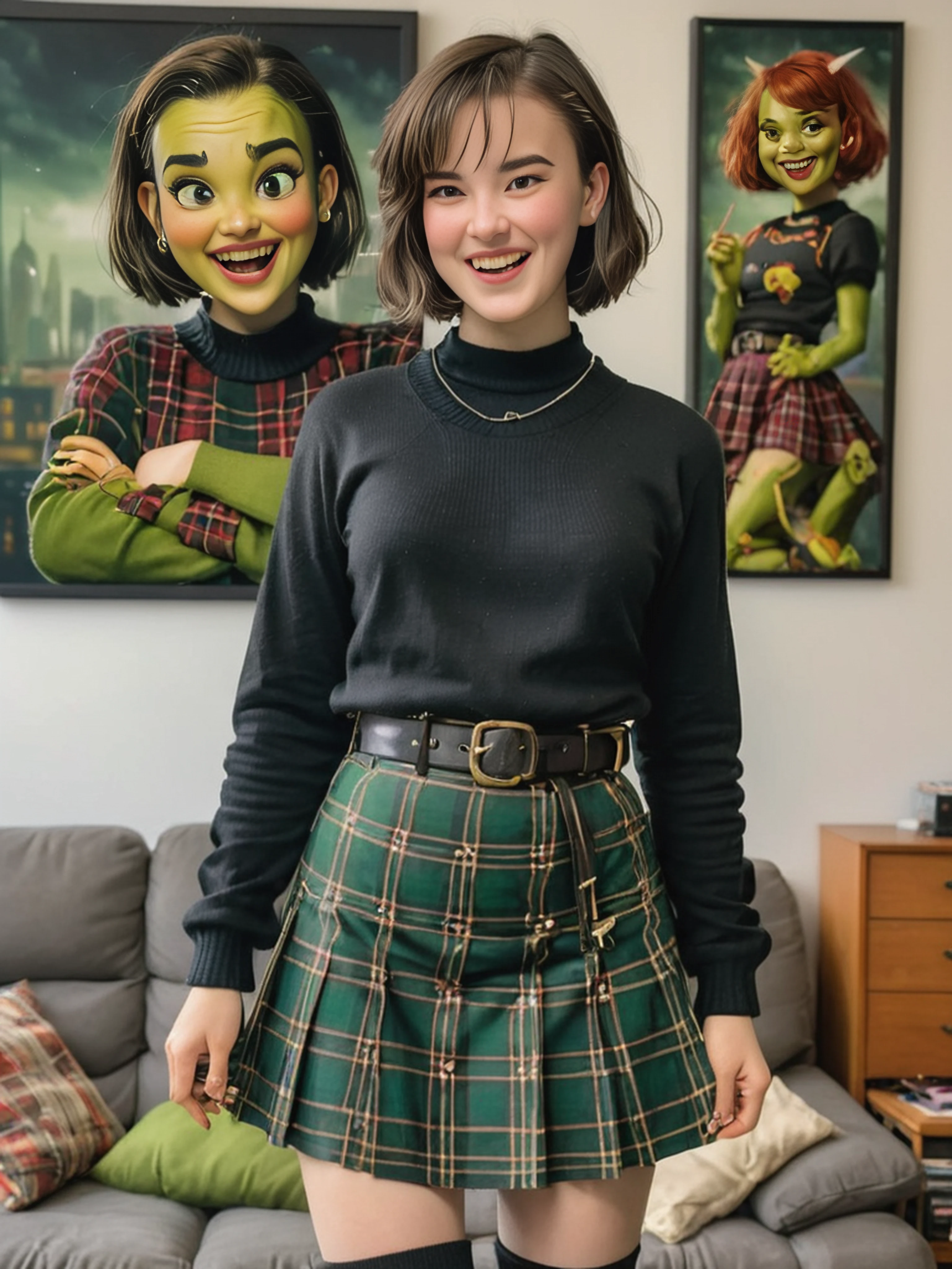 a professional absurdres intricately detailed sharp focus torso photograph of (Aria_Bedmar:1.1) with a playful grin and bobbed haircut,
wearing a plaid skirt and  black sweater,,
there is no aria only zuul,
 <lora:Aria_Bedmar-SDXL:0.8>  <lora:grung3:0.75> grung3, belt, plaid skirt, black sweater, sleeves past wrists, boots