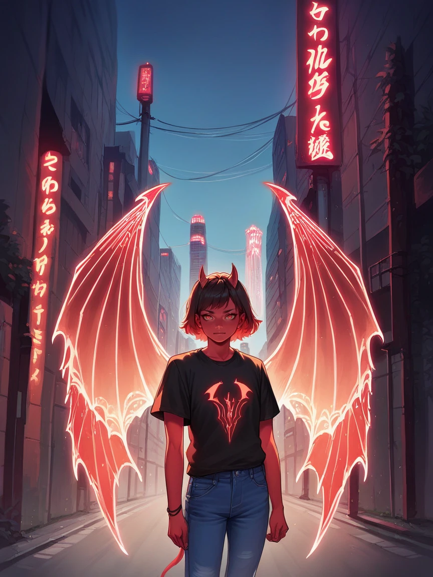 score_9, score_8_up, score_7_up, score_6_up, score_5_up,  source_anime,  <lora:n30nw1ngsXLP2:0.8> n30nw1ngs, neon light wings, wings, demon, cityscape, jeans, t-shirt,