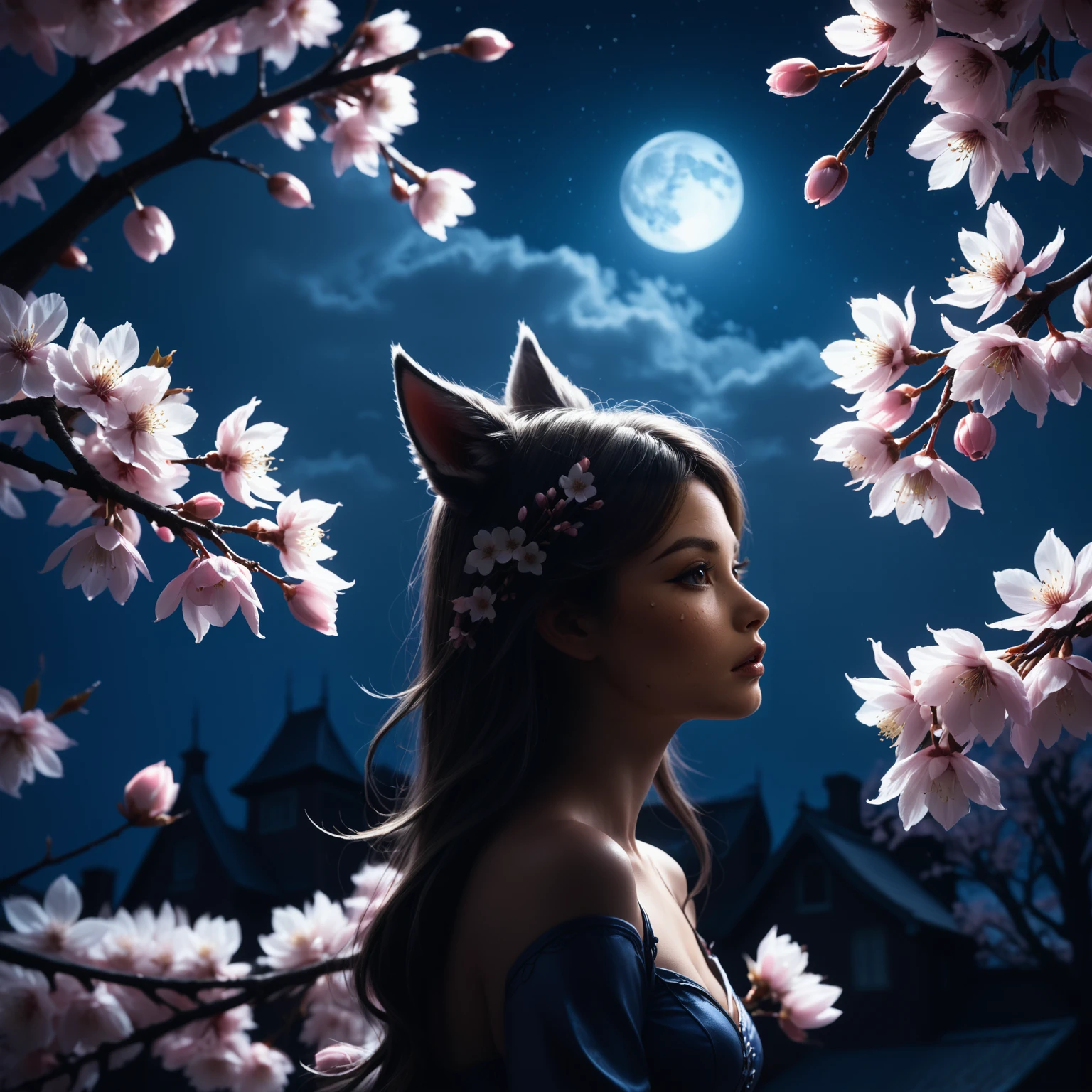 1 woman, sideview, bluefoxeij <lora:bluefoxeijSDXL-000009:0.5>, multiple foxtails, posing, cherry blossom petals, flowers, night sky, cherry blossoms, dark, moonlight, dimmed light, from above, dynamic dramatic beautiful full taking, handsome, glossy, dynamic, vibrant, advanced cinematic perfect light, highly detailed, contemporary, woman with foxtails, moody lighting, light and shadow by reij-shdwgms <lora:reij-shadowgames-000006:0.9>