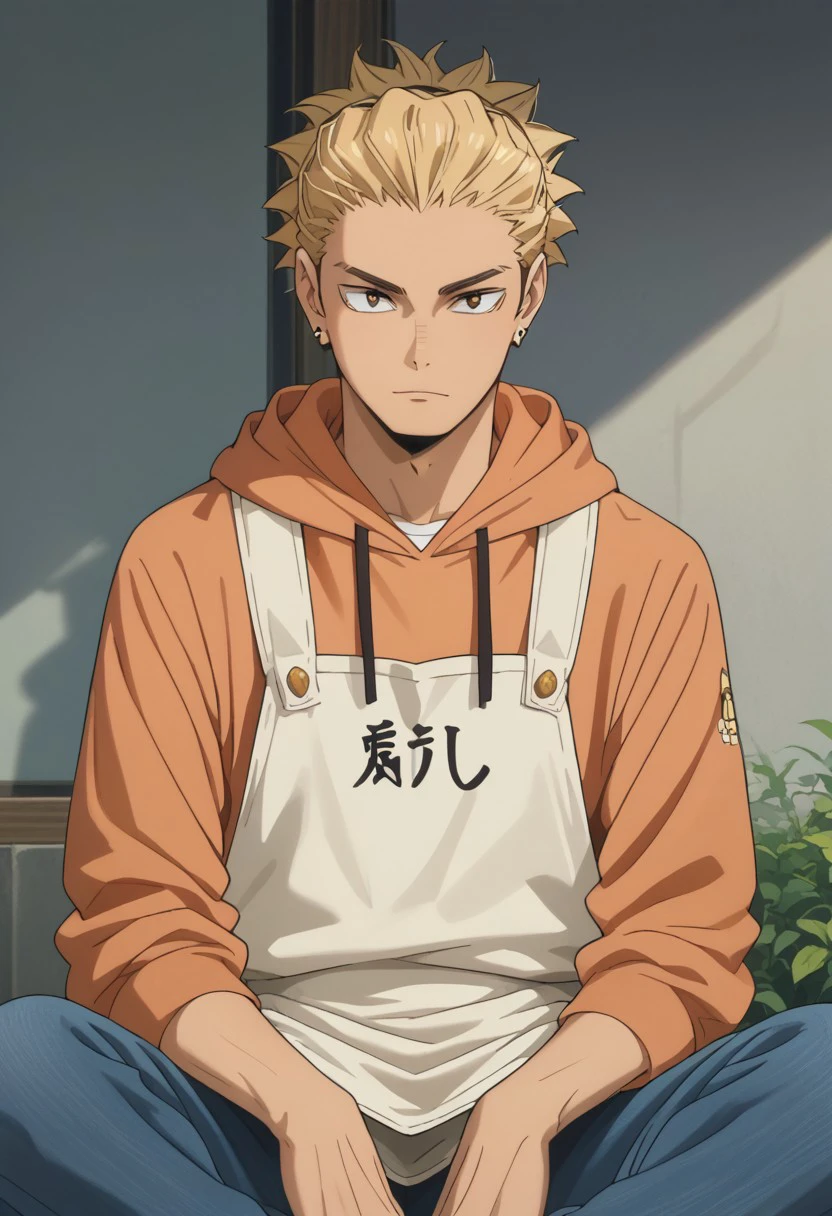 score_9, score_8_up, score_7_up, source_anime, rating_safe, Ukaikyu, 1boy, male focus, anime screencap, orange hoodie, light yellow apron, blue pants, sitting,