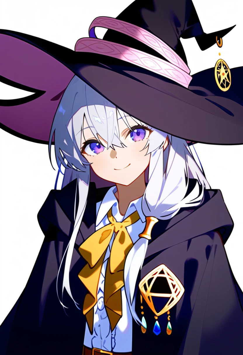 anime,1girl, elaina \(majo no tabitabi\), solo, hat, witch hat, long hair, shirt, purple eyes, white background, white shirt, black headwear, collared shirt, hair between eyes, simple background, looking at viewer, bow, smile, white hair, belt, closed mouth, yellow bowtie, bowtie, ribbon, black robe, upper body, grey hair, yellow bow, skirt, long sleeves, robe, yellow ribbon, witch, cloak, vest, head tilt, masterpiece, best quality