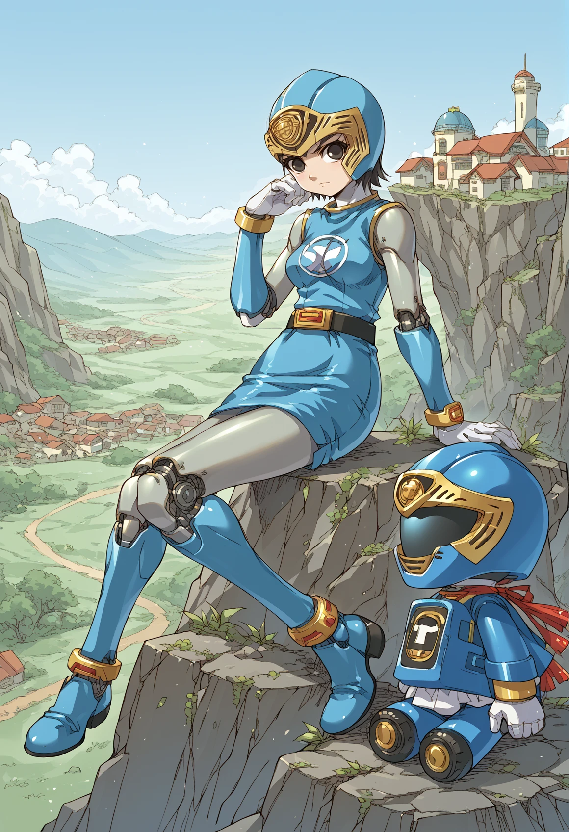 1girl, solo, super sentai, ninja, short dress, sleeveless, fishnets, Fishnet Pantyhose, fishnet armwear, skirt, belt, gloves, medium breasts, <lora:HurricaneBlue:1> outdoors, valley, sitting, helmet, visor, sitting, rocks, doll joints, robot joints  <lora:nakayama_tooru_XL:1>, score_9, score_8_up, score_7_up, score_6_up, score_5_up, score_4_up, BREAK source_anime, masterpiece