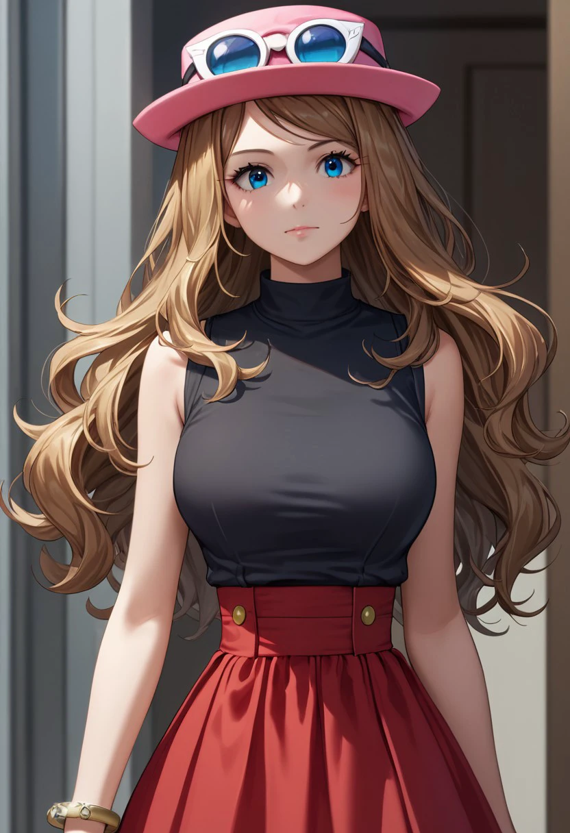 1 girl, solo, mature girl, 18 years old,eye catching, Anime, Anime Style, aaserena, solo, long hair, eyewear on headwear, pink headwear, eyelashes, blue eyes, sleeveless shirt, black shirt, bracelet, high-waist skirt, red skirt, black thighhighs, perfect, detailed, score_9, score_8_up