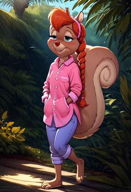 score_9, score_8_up, score_7_up, (best quality:1.1), ultra-detailed, great quality, anthro, high resolution, (((8k))), 1girl, squirrel, squirrel girl, day time, squirrel ears, shy smile, front view, Tammy Squirrel, natural light, detailed sun rays, summer, braided hair, daytime, looking at viewer, BREAK., highly detailed background, (forest:1,4), half closed eyes, leaning the palm tree, one leg bent at the knee, hands in pockets, detailed squirrel legs, detailed barefoot, pink shirt, blue pants, highly detailed face, (very detailed face:1.4), fluffy fur