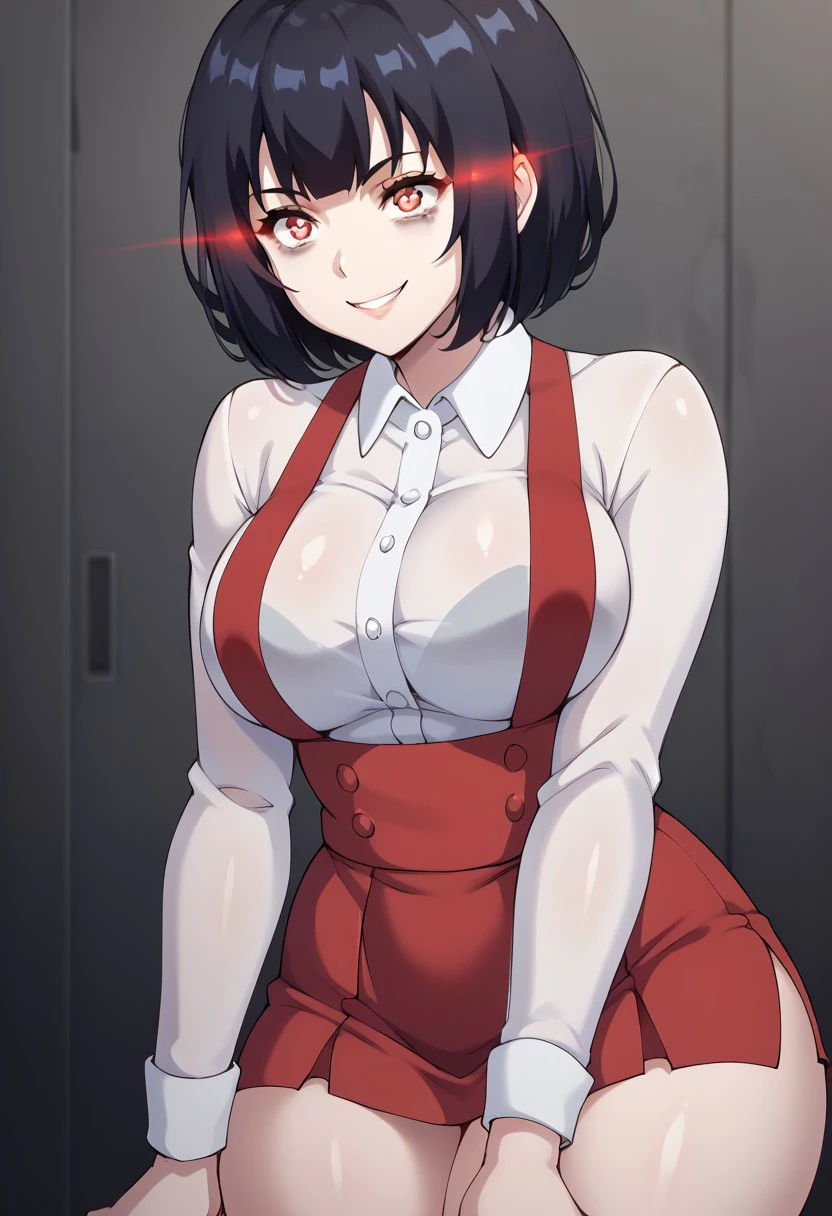 score_9, score_8_up, score_7_up, , shiny skin:0.1, source_anime , deep skin,, high quality, highres, , 1girl, (curvy), ((wide hips)), perky breasts, thick thighs, cute, , sexy, Hanako-san, black hair, short hair, red eyes, bags under eyes, pale skin, glowing eyes, school uniform, white shirt, collared shirt, long sleeves, red skirt, suspenders, big breasts, solo, smile