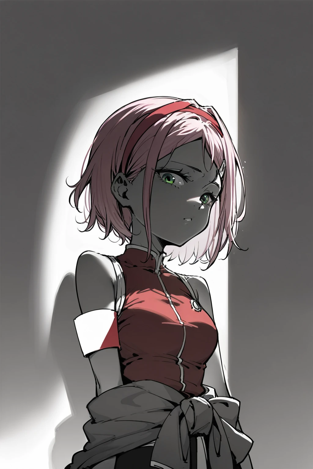 score_9, score_8_up, score_7_up, haruno sakura, armband, bare shoulders, clothes around waist, green eyes, hairband, pink hair, red shirt, sleeveless, solo, solo focus, portrait, simple background, black background, monochrome, greyscale, dark  Leaning against a wall, spot color, <lora:dblack:1>