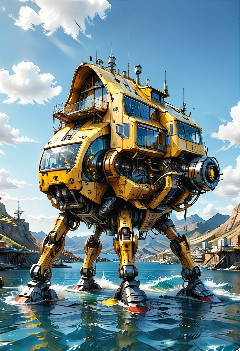 no humans, water, sky, robot, outdoors, cloud, science fiction, scenery, day, ocean, mecha, mountain, Walking vehicle, Traction City, yellow paint
(ultra sharp focus:2), (detailed windows:2), (thin lines:2), 
(best quality:1.8),
<lora:Apparatus - Traction City Walkers Vehicles_epoch_11:0.8>