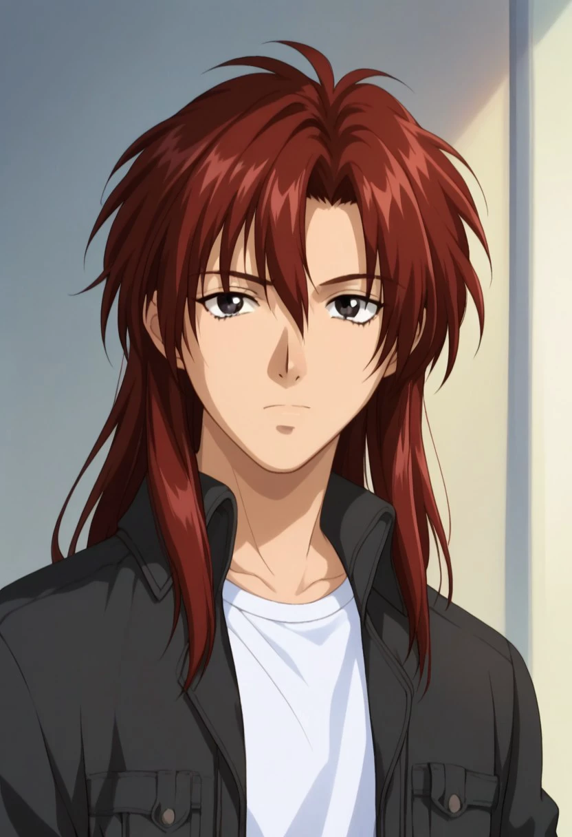 score_9, score_8_up, score_7_up, source_anime, highly detailed, 
HiroshiNakano, 1boy, solo, male focus, black eyes, long hair, shirt, red hair, closed mouth,
white shirt, jacket, black jacket, open jacket, upper body, belt