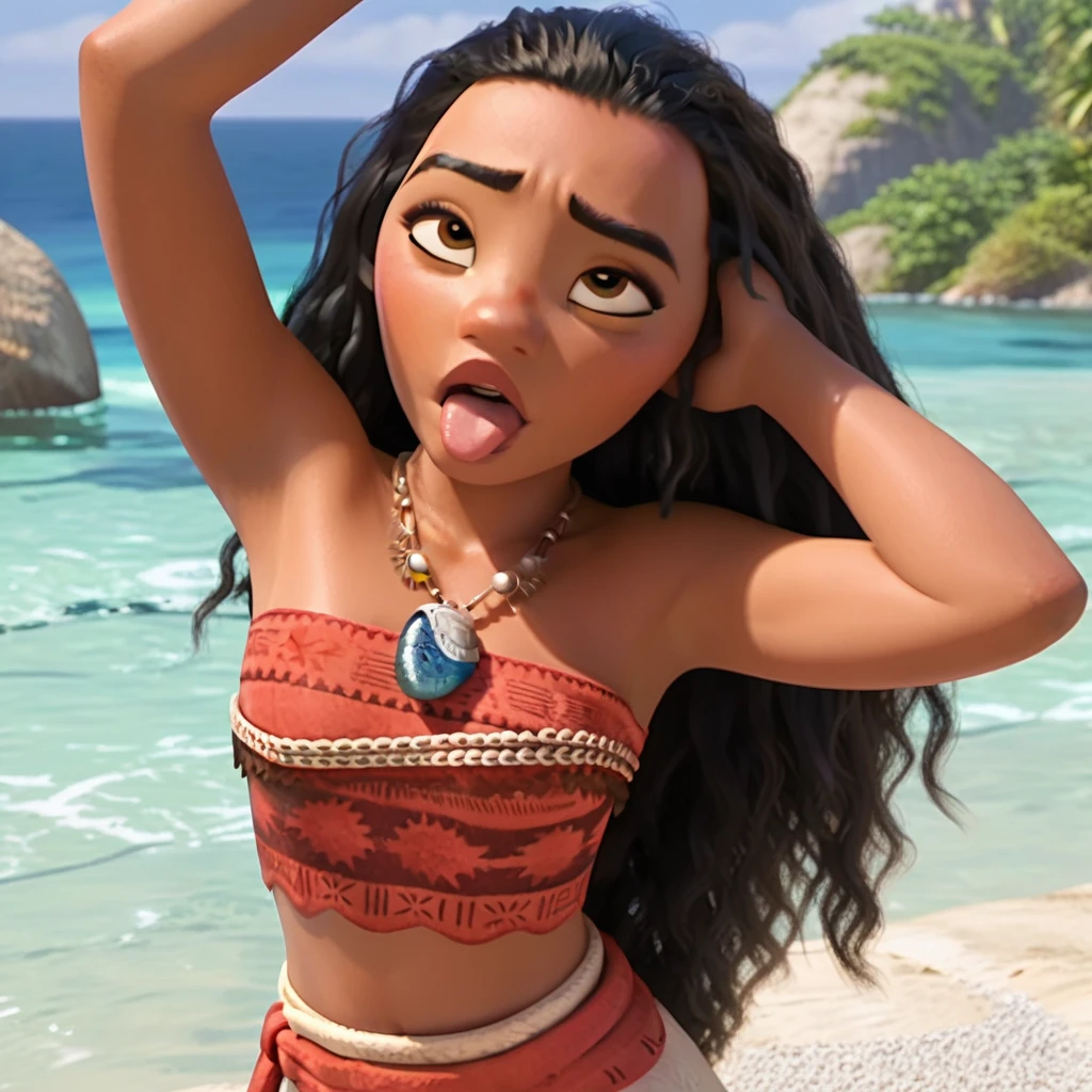 score_9, score_8_up, score_7_up, score_6_up, score_5_up, score_4_up, render, realistic, <lora:Moana2:0.8> , moana1, 1girl, long hair, skirt,  black hair,  shoulders, brown eyes, midriff, necklace, dark-skinned female, crop top,  arms, strapless, curly hair, tube top, tribal, looking up, , tongue out, open mouth , half-closed eyes, arms up, armpits, wet,