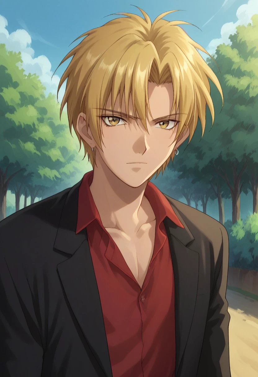 score_9, score_8_up, score_7_up, source_anime, highly detailed, 
eiriyuki, solo, 1boy, male focus, blonde hair, yellow eyes, shirt, red shirt, jacket, black jacket, open jacket, tree, formal, suit, bush, outdoors, looking at viewer, upper body, jewelry, earrings,