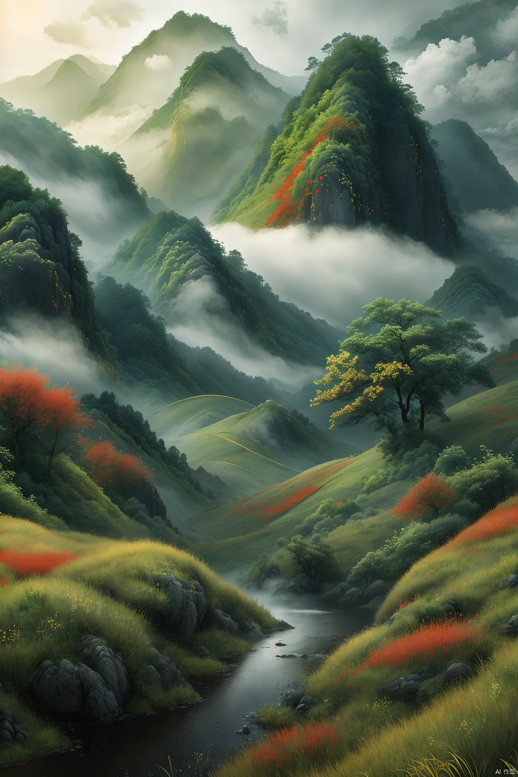 A poignant scene of a misty, overcast day in a lush, green southern Chinese landscape, where the vibrant growth of spring grass contrasts with the somber mood of the sky. The composition captures the vast expanse of the rolling hills and the delicate details of the new grass, with soft, diffused light filtering through the clouds. The overall atmosphere is one of bittersweet beauty, evoking a sense of nostalgia and the passage of time amidst nature's enduring vitality.