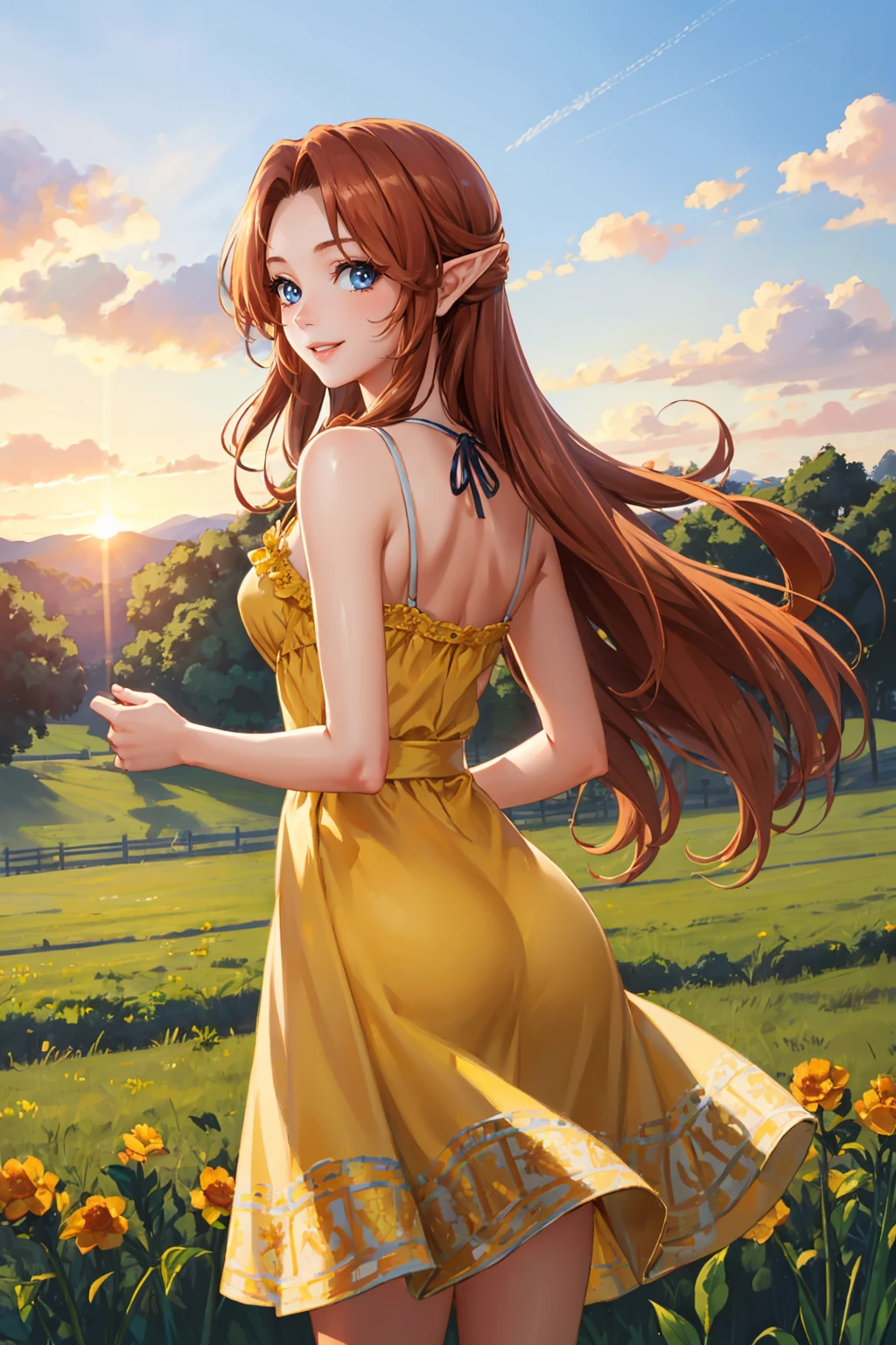 masterpiece, best quality, 1girl, solo <lora:cremia-nvwls-v1-000009:0.9> cremia, orange hair, long hair, pointy ears, (yellow sundress:1.25), yellow dress, from behind, farm, fence, sunset, field, looking at viewer, smile