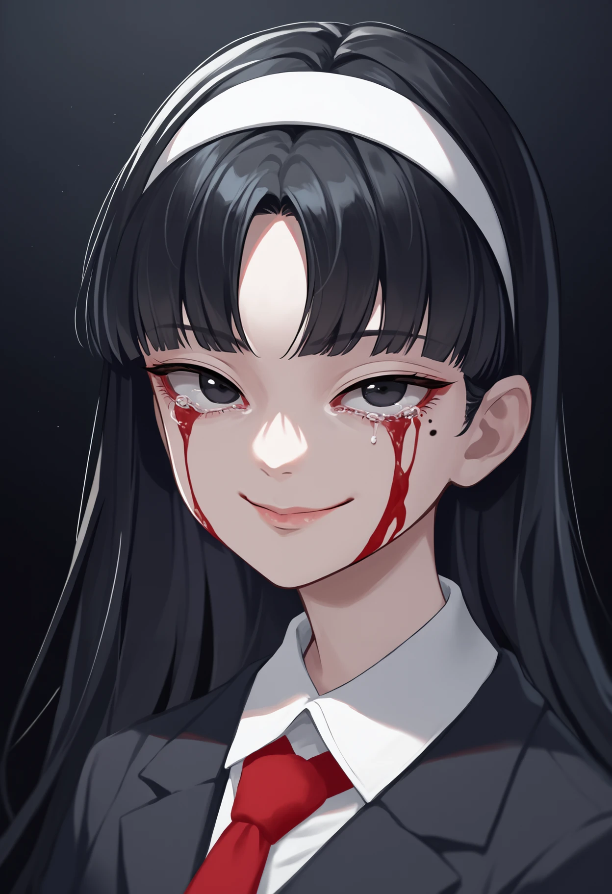 score_9, score_8_up, score_7_up, source_anime BREAK 1girl, solo, <lora:kawakamitomie-junjiito-richy-v1_pdxl:1> kwkm, black eyes, black hair, long hair, blunt bangs, parted bangs, white hairband, mole under eye, black jacket, red necktie, school uniform, blood on face, blood from eyes, black background, smile, closed mouth, yandere, crying blood