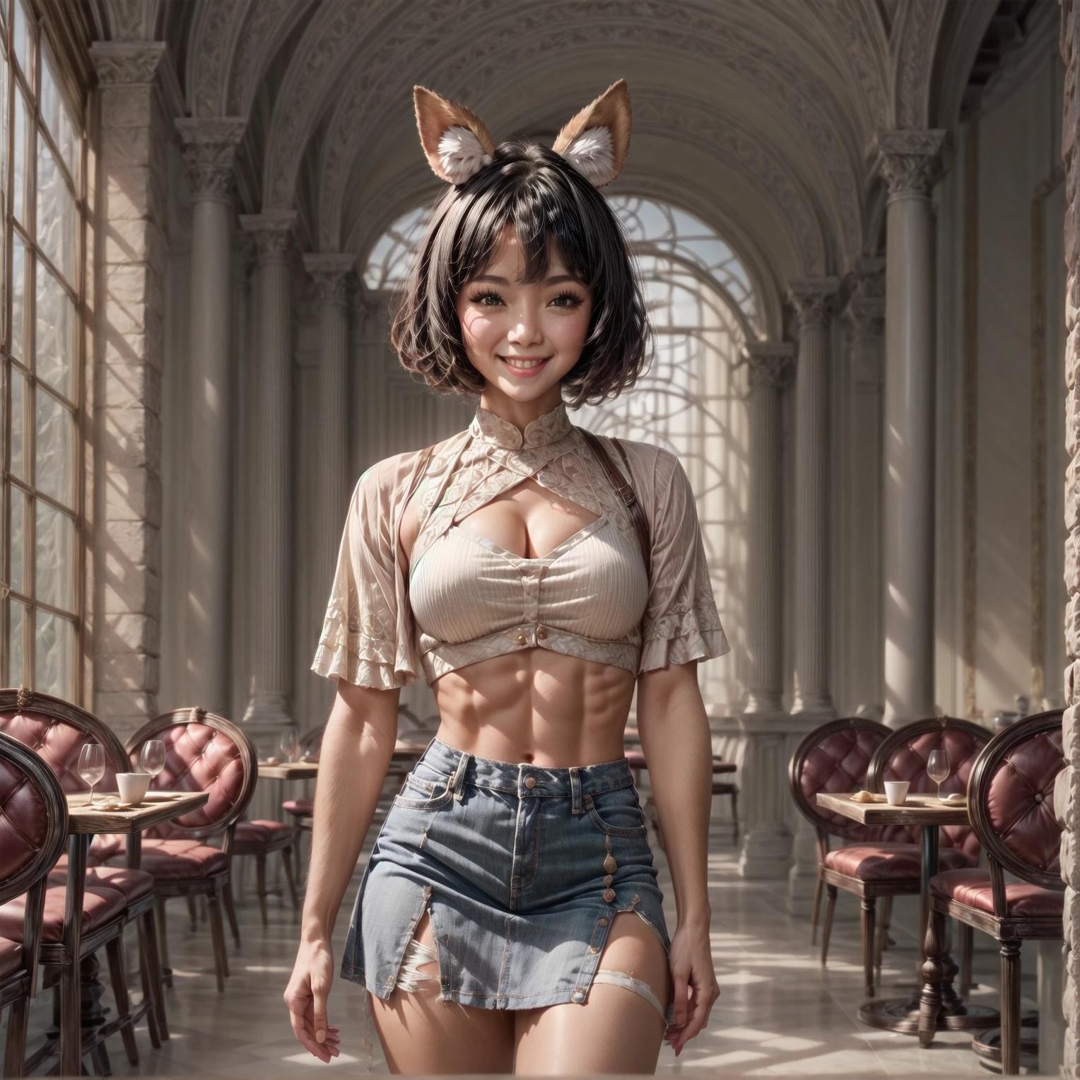 1girl, modern day, restaurant, miniskirt, crop top, full body, looking at viewer, smile, animal ears, tail, black hair, short hair, <lora:Beastfolk_SD_1.5_r1:1>, very detailed, <lora:more_details:0.6>, high quality, highres, masterpiece, best quality, 8k, intricate, detailed, <lora:add_details_xl:0.6>, <lora:sinfully_stylish_SDKL:0.5>, <lora:nudify_xl_lite:0.5>, <lora:epiCRealismHelper:0.5>, <lora:NsfwPovAllInOneLoraSdxl:0.5>, <lora:JuggerCineXL2:0.5>