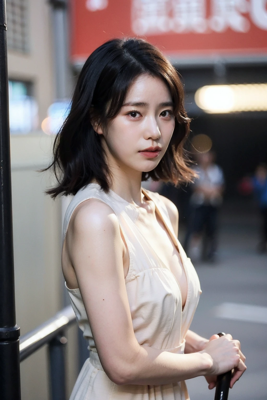 Best quality, masterpiece, ultra high res, (photorealistic), raw photo,1girl, upper body,solo, realistic, looking at viewer, bokeh background, city streets, mini dress,   <lora:makina69_limjiyeon_v1.0:1>,,