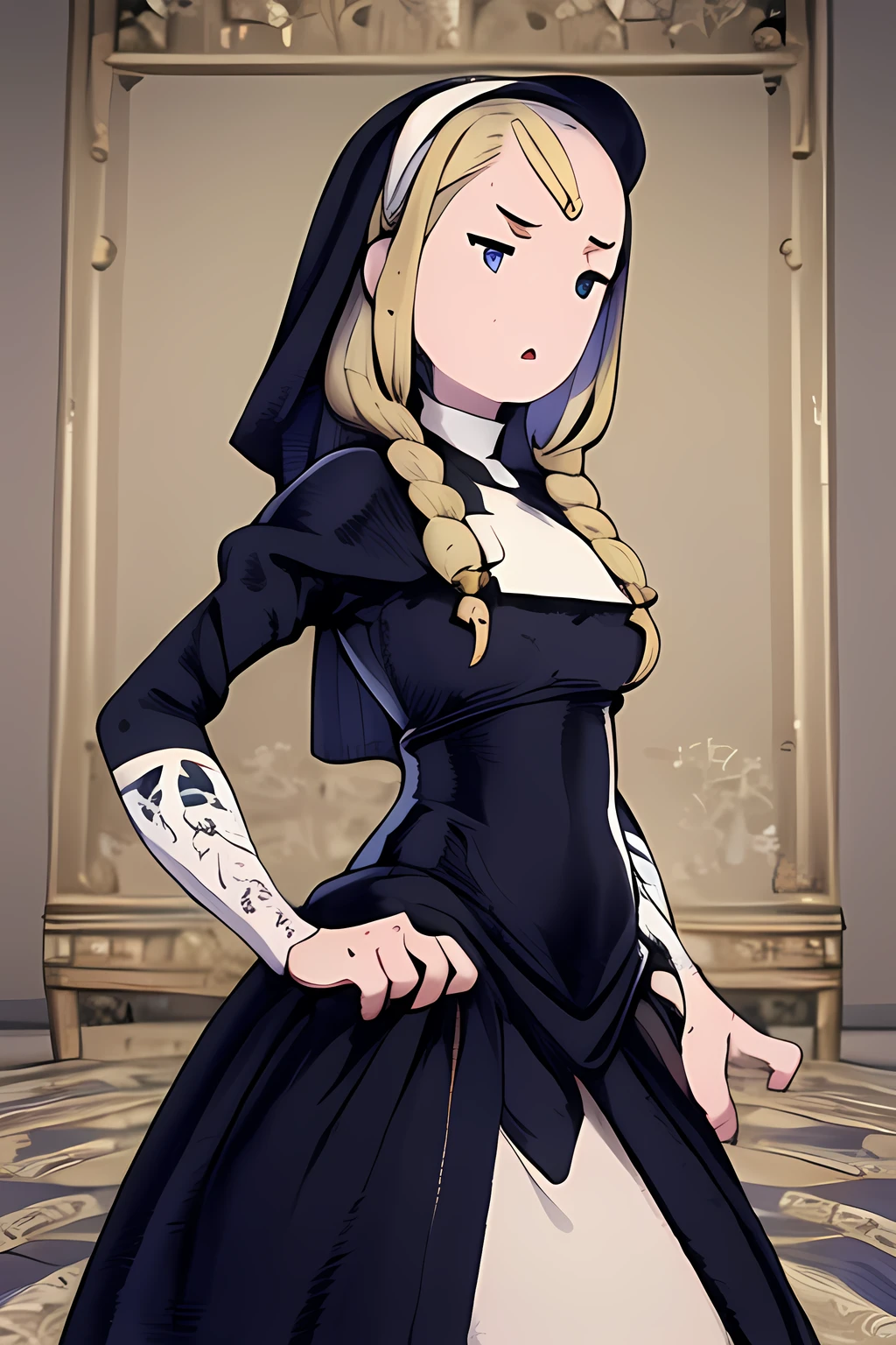 (masterpiece, best quality:1.4), (extremely detailed fine touch:1.2), best quality, expressive eyes, perfect face, perfect hands, perfect fingers (masterpiece), 1girl, nun, blonde hair, braid, black outfit, stand, praying, <lora:styles\Akihiko_Yoshida_Chibi_Style_v2.1.safetensors>