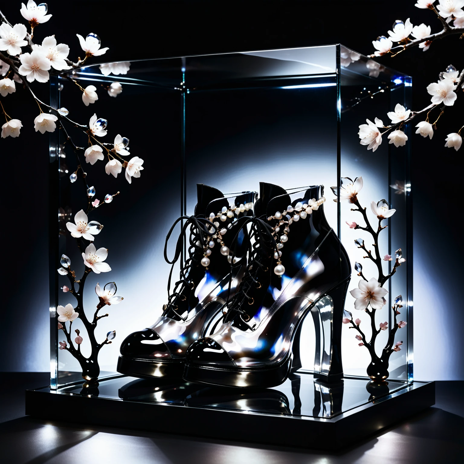 a reij-blckprlglss pair of haute couture shoes surrounded with jewelry and cherry blossoms, in a display case made of reij-blckprlglss <lora:blackpearlglassSDXL-000009:1>, surrounded by fairy dust