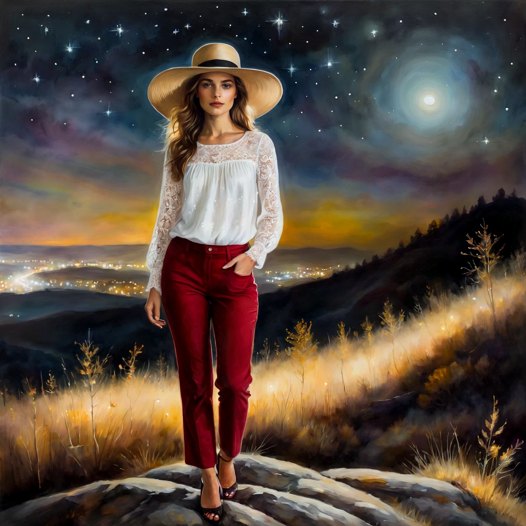 A beautiful young woman standing on a hill at night.
BREAK
wearing a white lace cotton blouse.
BREAK
wearing red slacks.
BREAK
(wearing a broad-rimmed hat:1.6).

<lora:NightCourt01_CE_SDXL:0.8> nghtcrtCE