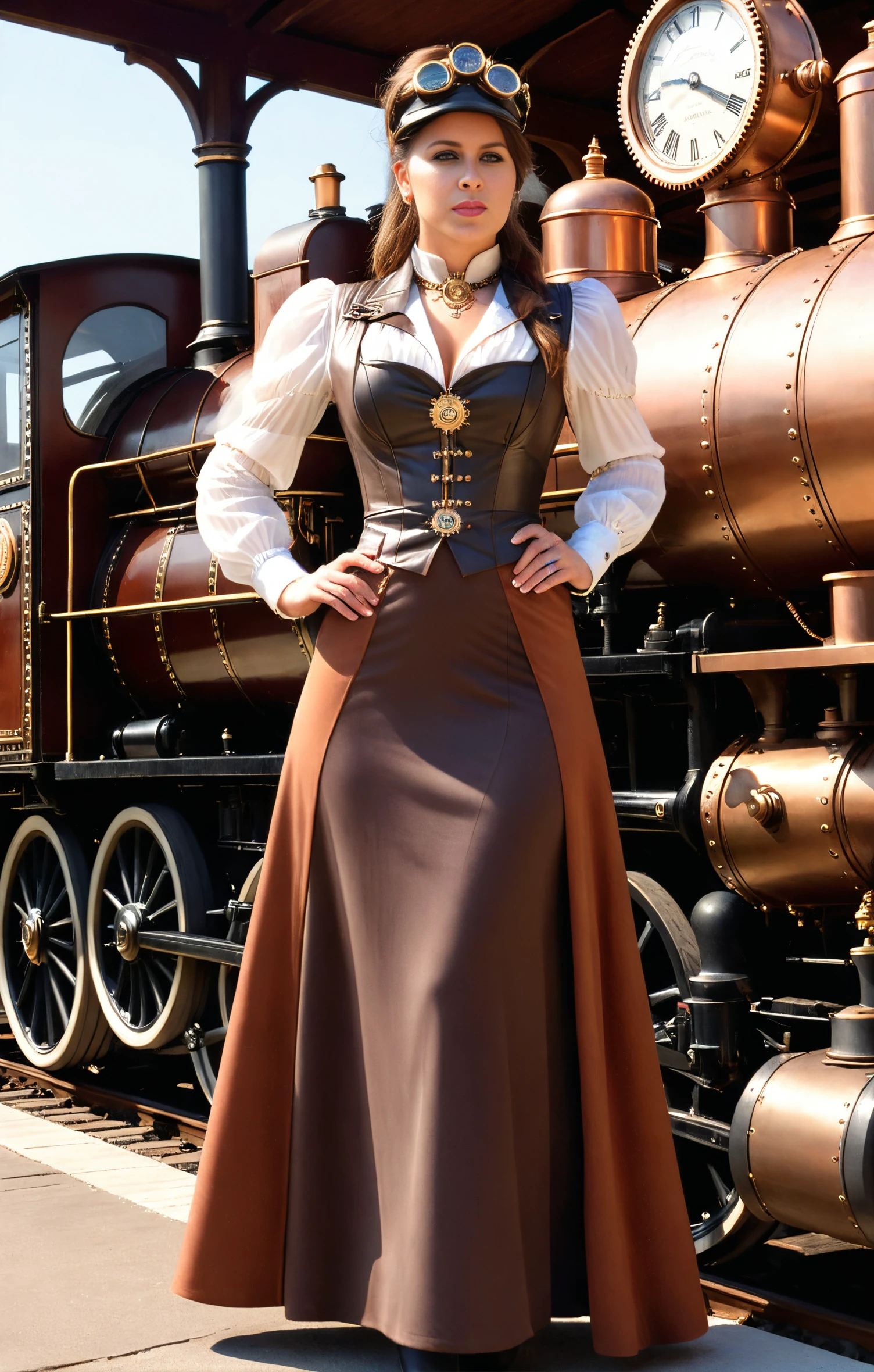 Steampunk style, Photorealism <lora:BettySpencerSDXL-000008:1>, BettySpencerSDXL wearing a leather steampunk maxi-dress, a steampunk train station, masterpiece, award winning photo, ultra detailed, Photorealism, often for highly detailed representation, photographic accuracy, or visual illusion., antique, mechanical, brass and copper tones, gears, intricate, detailed