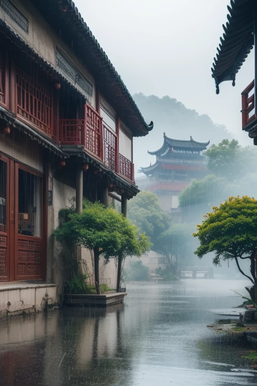 ltra-detailed,highly detailed,best quality,masterpiece,illustration, drawing, realistic, photorealistic,
rainy day, yanyujiangnan,
scenery, no humans, 
 <lora:rainy day_v1_01:0.7>