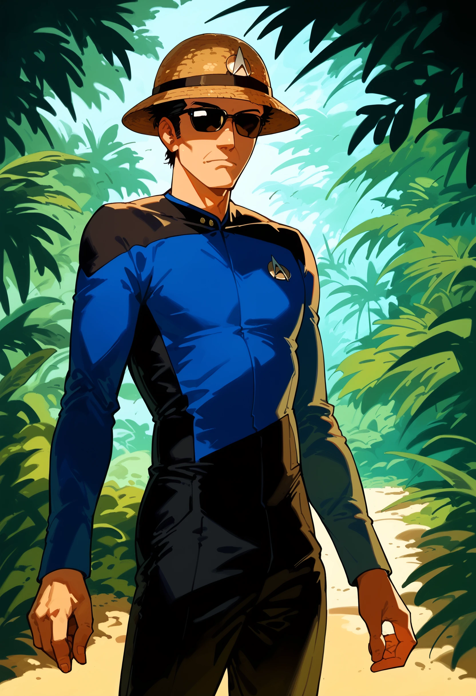 core_9, score_8_up, score_7_up, score_6_up, man,solo,black hair,modern hair,old man,aged man,in a jungle,sunglasses,Pith helmet,long sleeves,
sttng1,star trek blue uniform,black shoulders,black pants
,<lora:TNGS1-000030>