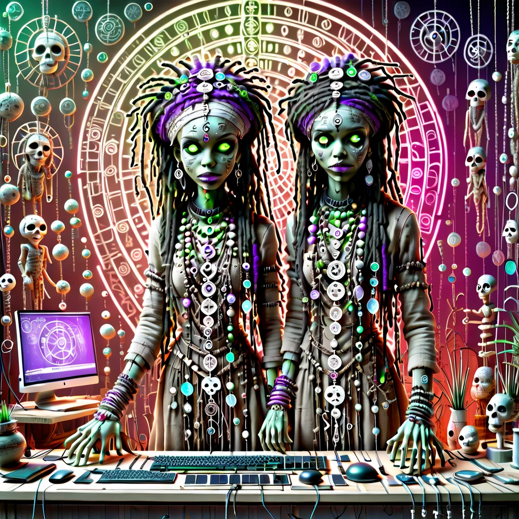 braid, dreadlocks, standing in front of glowing circle, midriff, hat, gem, Voodoo woman with long dreadlocks, lips, bug, hair ornament, purple theme, man in a shop, green eyes, white background, monochrome, robot, building, undead, candlestand, skeletor voodoo man standing in front of work desk with keyboard, Voodoo mummy, evang, water, Realistic multicolor crochet voodoo doll cat, looking at viewer