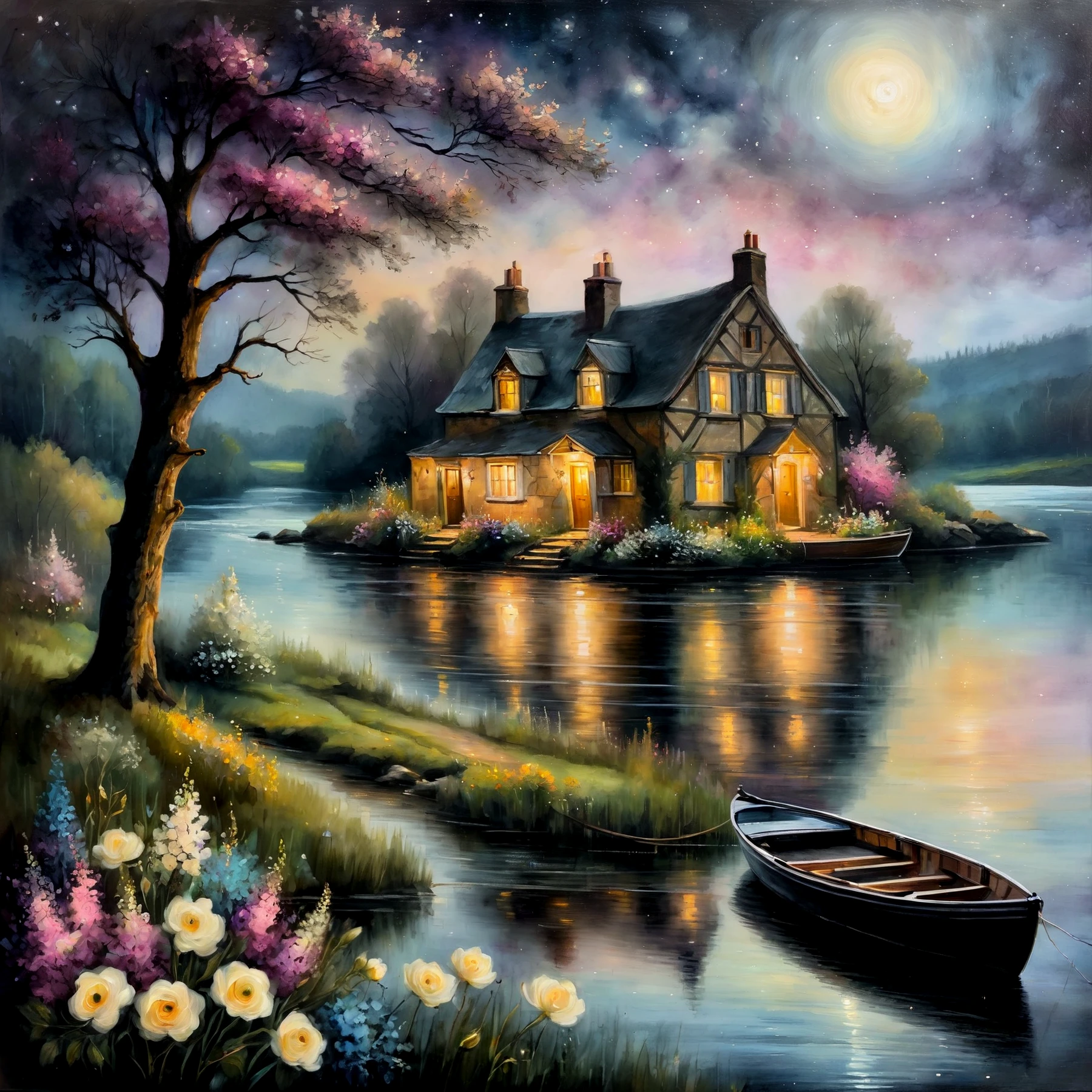 Cottage, river, boat, trees, flowers. night.

Atmospheric, rustic, moody.

<lora:NightCourt01_CE_SDXL:0.9> nghtcrtCE